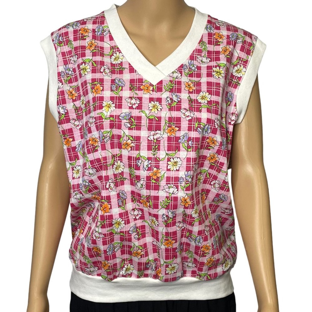 Vintage Originals Women's Large Pink Floral‎ Blouse Shirt Elastic Banded Waist